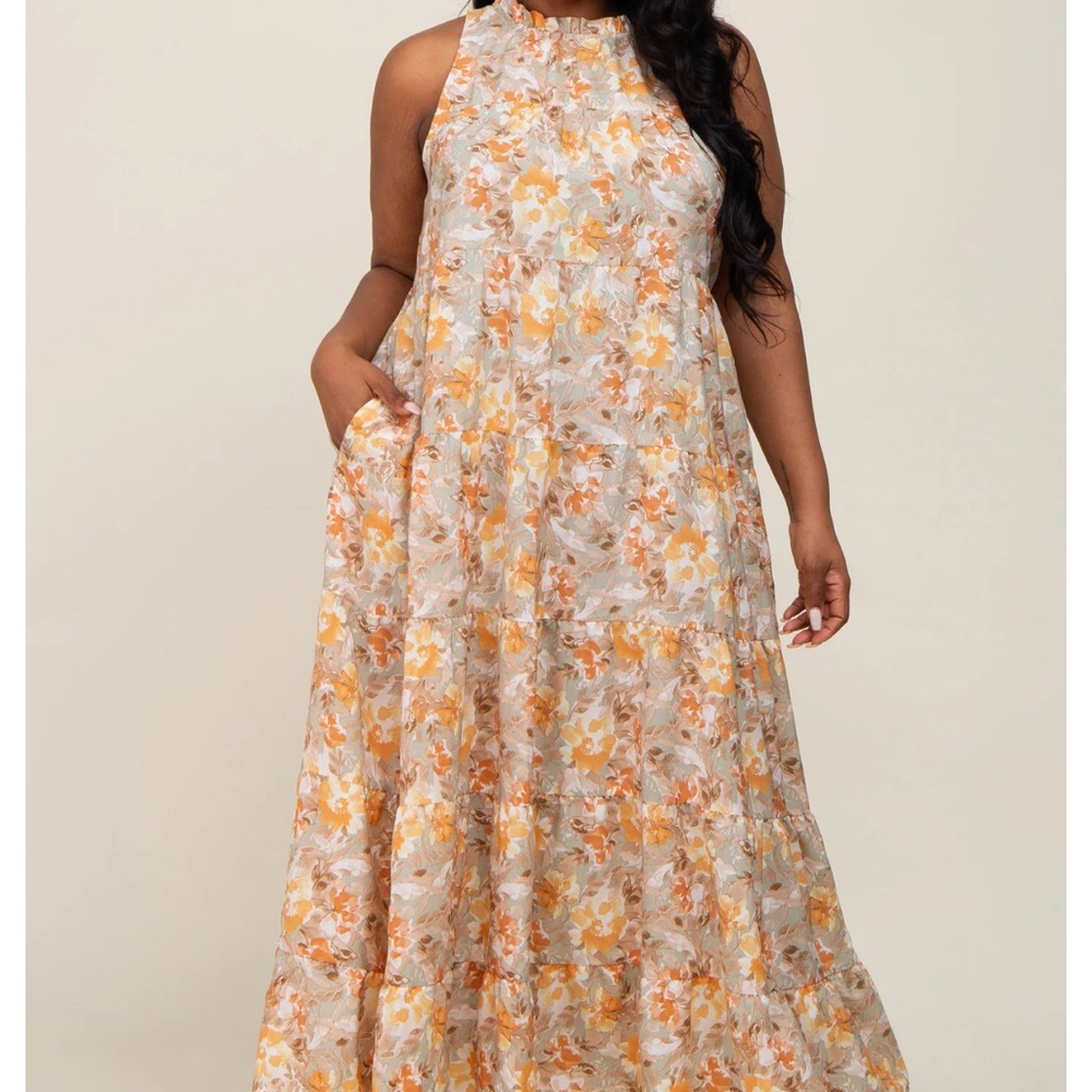Taupe Floral Ruffle Mock Neck Tiered Plus Maxi Dress
